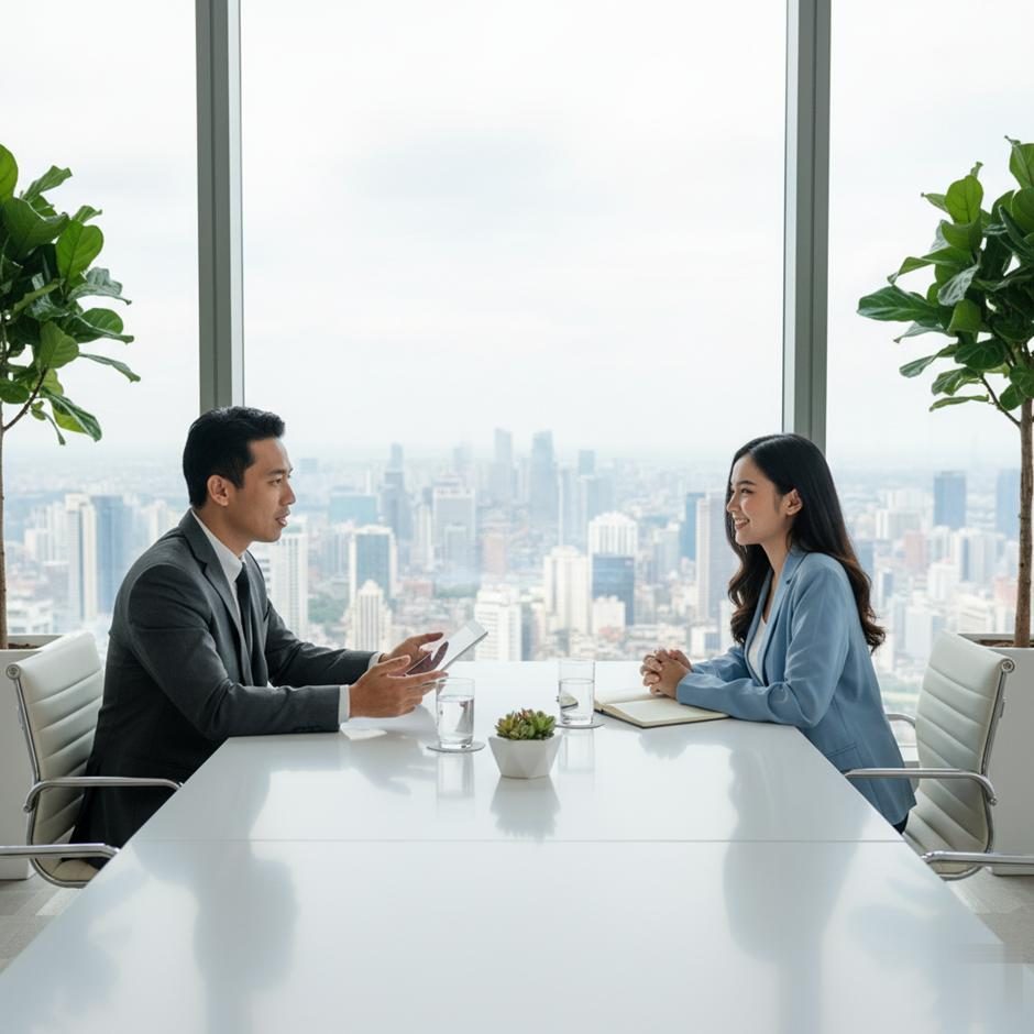 Executive interview in a high-rise office overlooking the city
